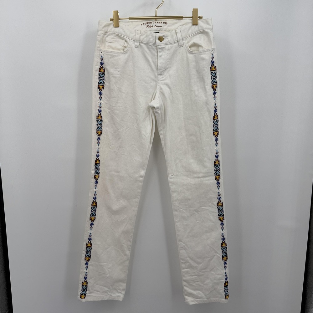 LRL Ralph Lauren Jeans Womens Sz 2 White Modern Slim Beaded Embroidered Boho